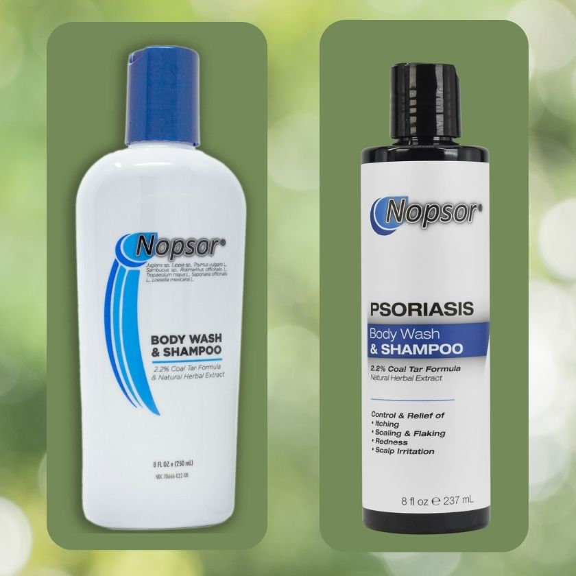 Two bottles of Nopsor body wash and shampoo on a green background