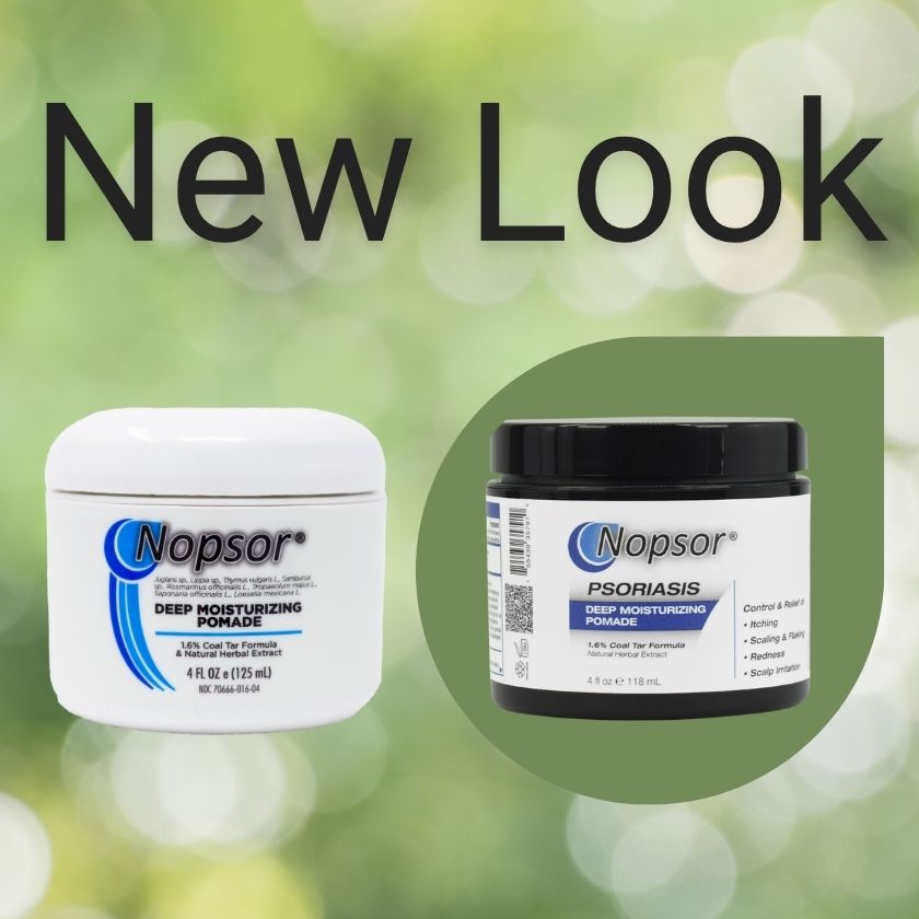 Two containers of Nopsor Deep Moisturizing Pomade on a black background with 'New Look' text.