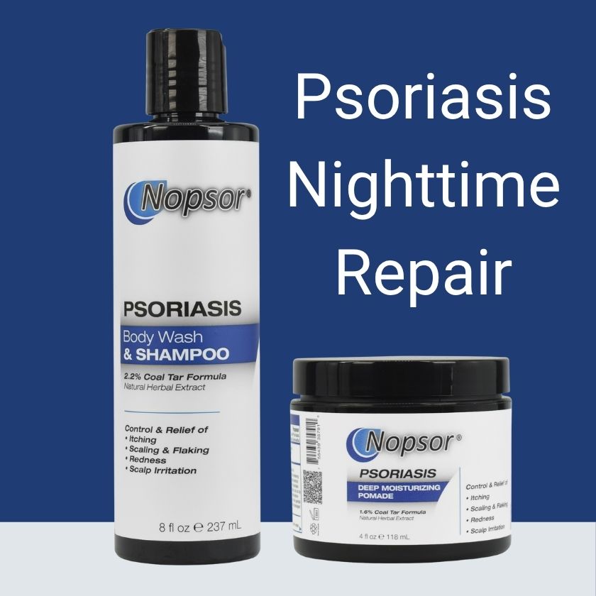 Nopsor Psoriasis Body Wash & Shampoo and Deep Moisturizing Pomade on a blue background