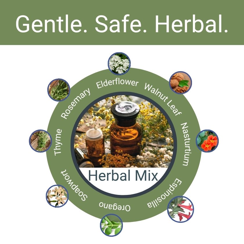 Herbal mix with various herbs and a bottle labeled 'Herbal Mix' on a green and white background.