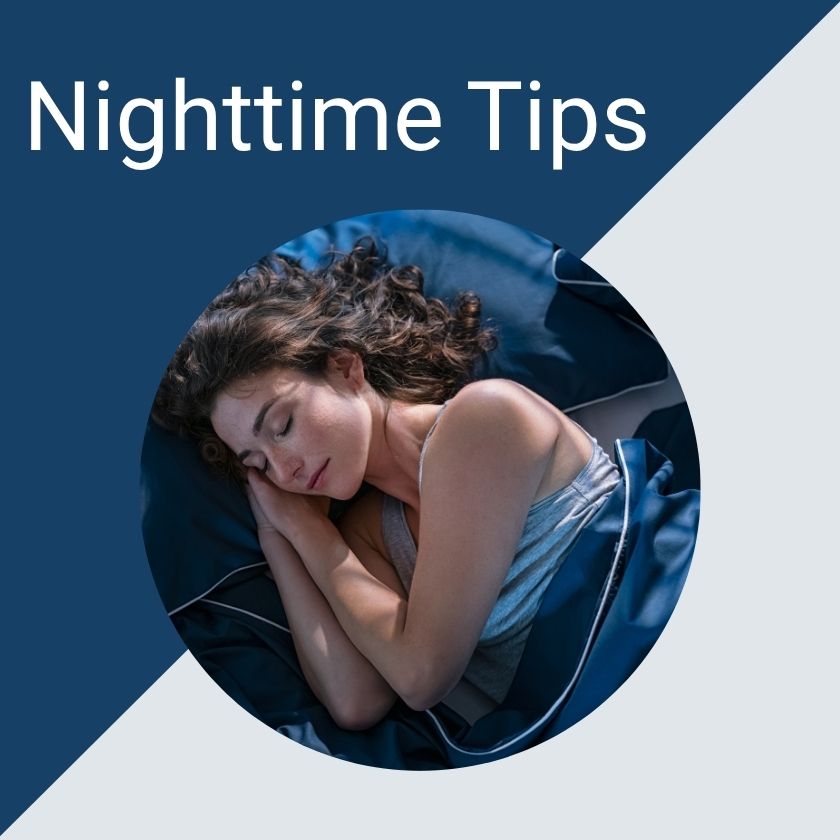 Woman sleeping peacefully with 'Nighttime Tips' text on a blue and white background