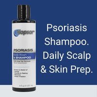 Nopsor psoriasis shampoo bottle on a blue background with text.
