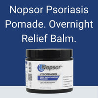 Nopsor Psoriasis Pomade jar with text on a blue background