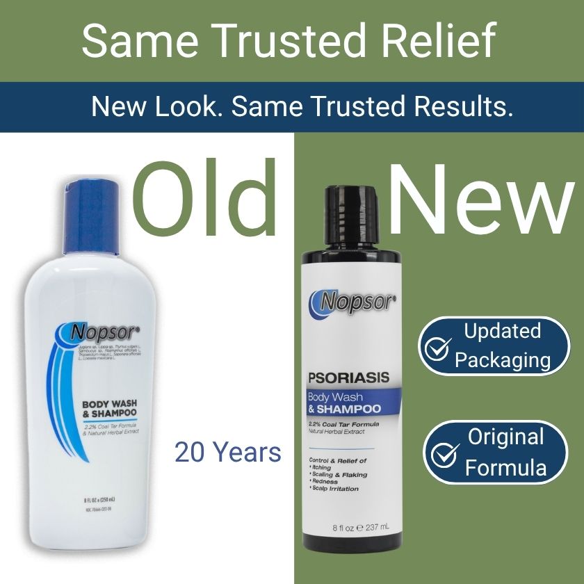 Comparison of Nopsor body wash & shampoo bottles with 'Old' and 'New' labels on a green background.