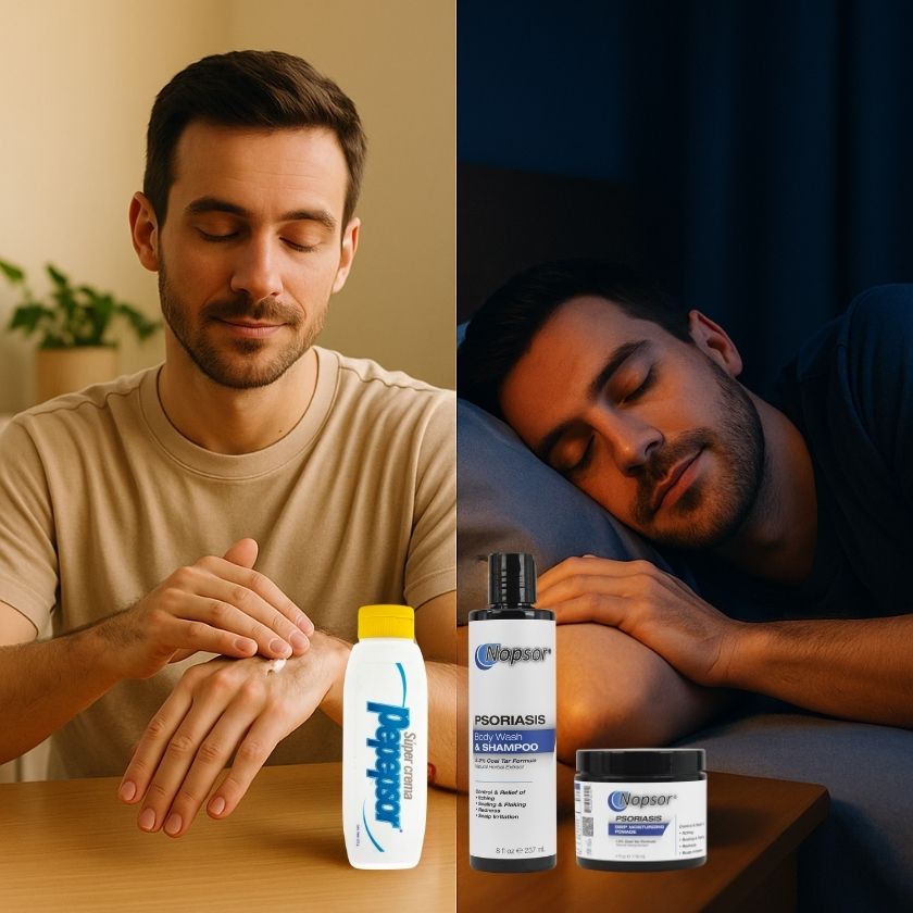Two men, one applying a cream to his arm and the other sleeping, with Psoriasis medication products on a table.
