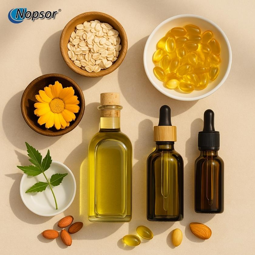 Bottles of oil, capsules, and seeds on a beige background with Nopsor branding.