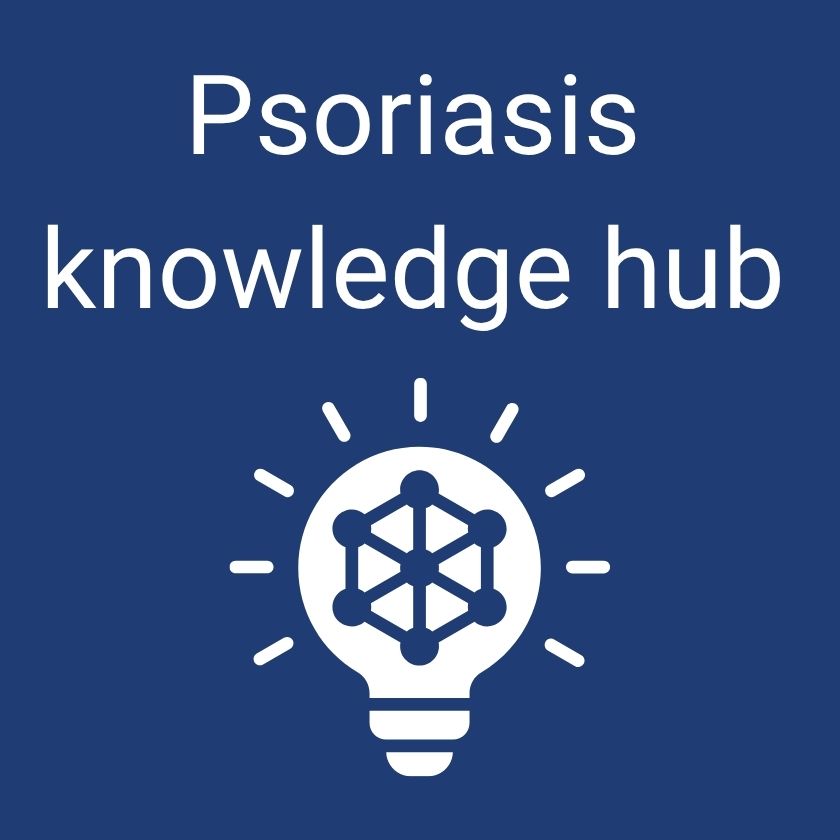 Psoriasis knowledge hub logo with a light bulb icon on a blue background