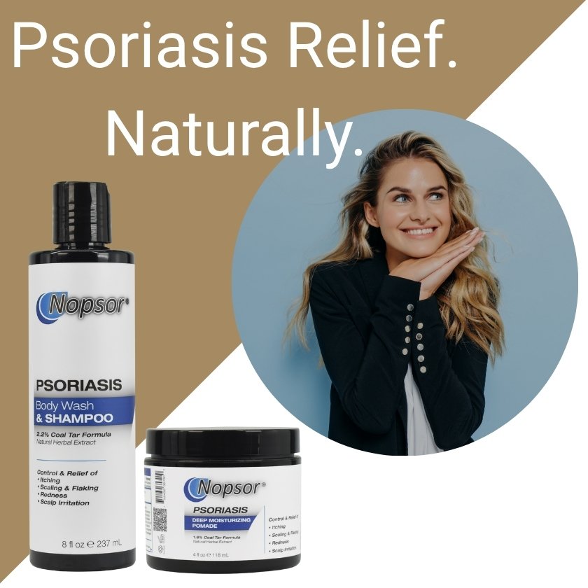 Nopsor psoriasis relief products with a woman smiling in a circle on a brown and white background.