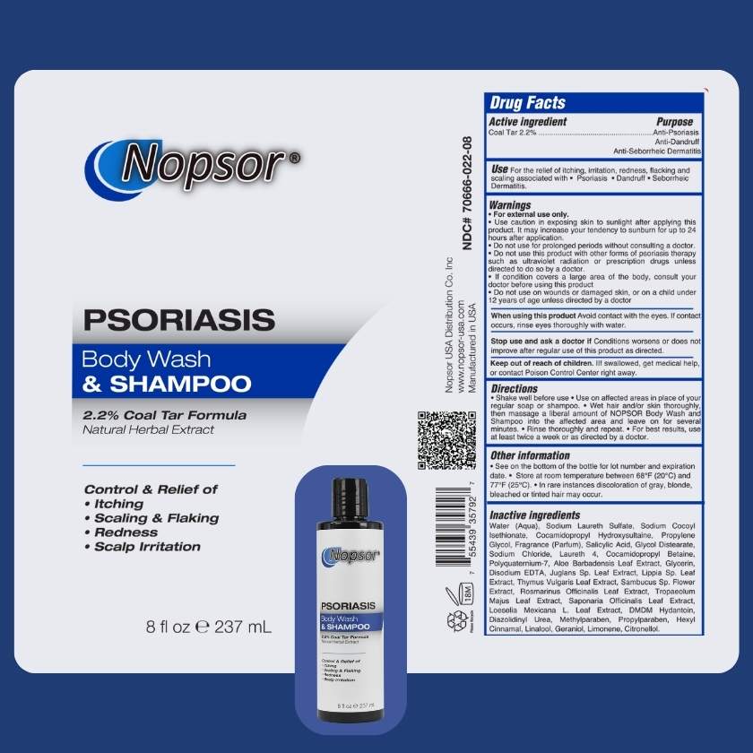 Nopsor Psoriasis Body Wash & Shampoo packaging with product image and label details.