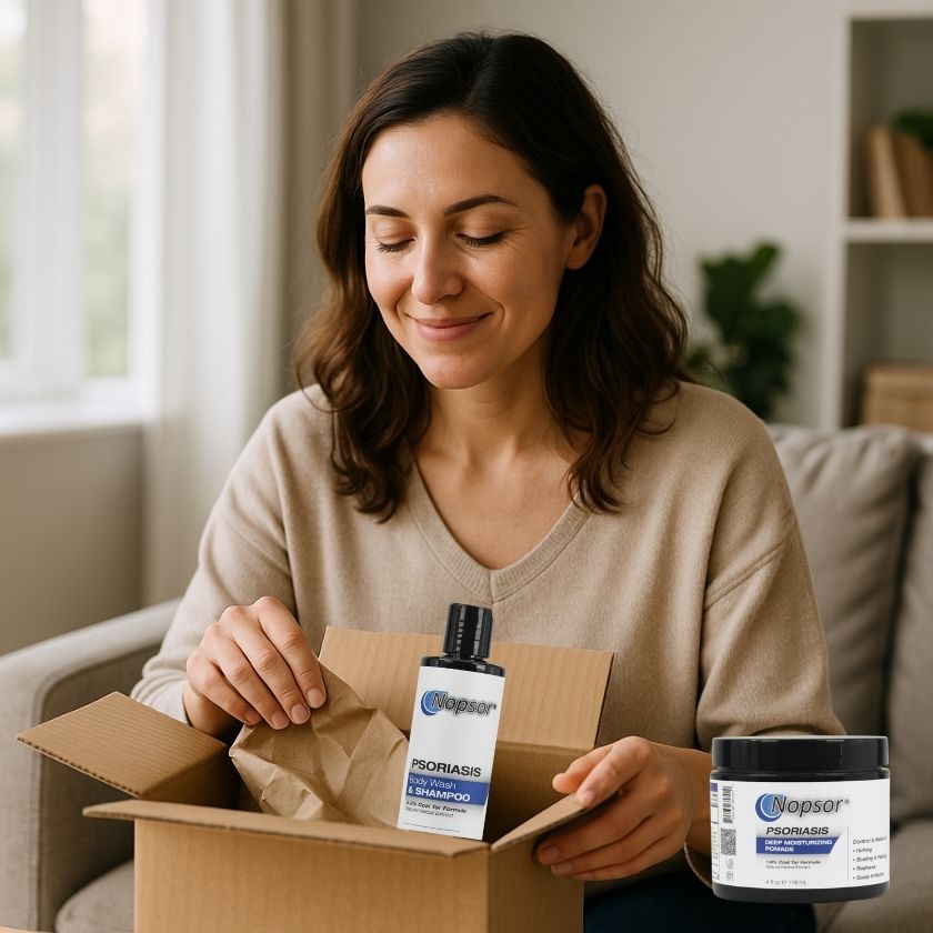 Woman opening a box containing Oparis hair care products in a cozy living room.