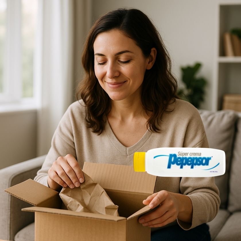 Woman opening a box with a Pepepsor product in the foreground