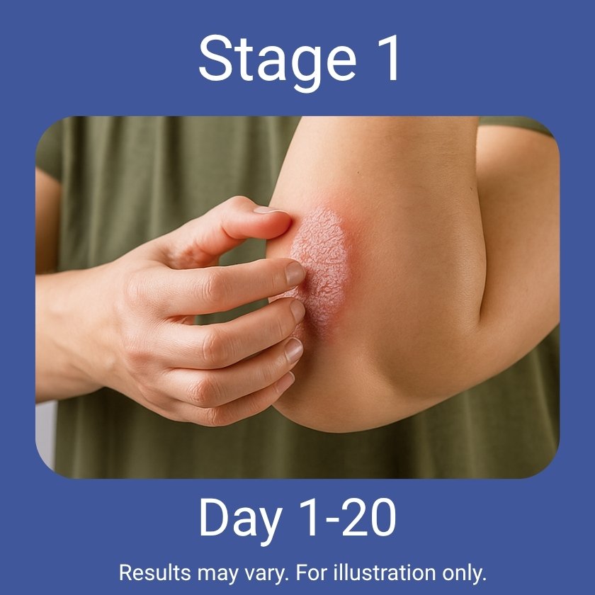 Illustration of a skin condition on an arm with text indicating 'Stage 1' and 'Day 1-20'.