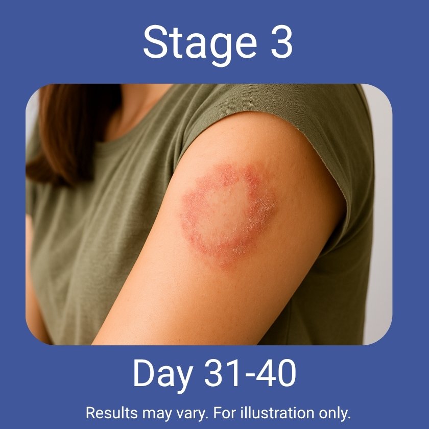 Person with a visible skin condition on their arm, labeled 'Stage 3' and 'Day 31-40'.