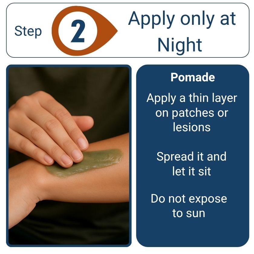Instructions for applying a pomade at night on skin with text overlay.