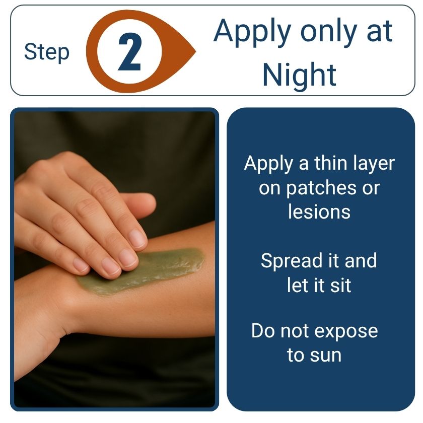 Step-by-step guide on applying a thin layer of cream or ointment at night, with a hand applying it to skin.