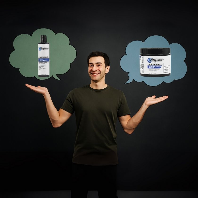 Man holding two containers with thought bubbles showing product images against a black background