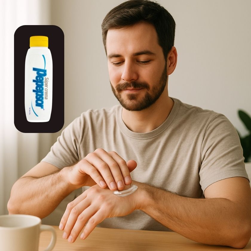 Man applying lotion to his wrist with a product inset in the corner.