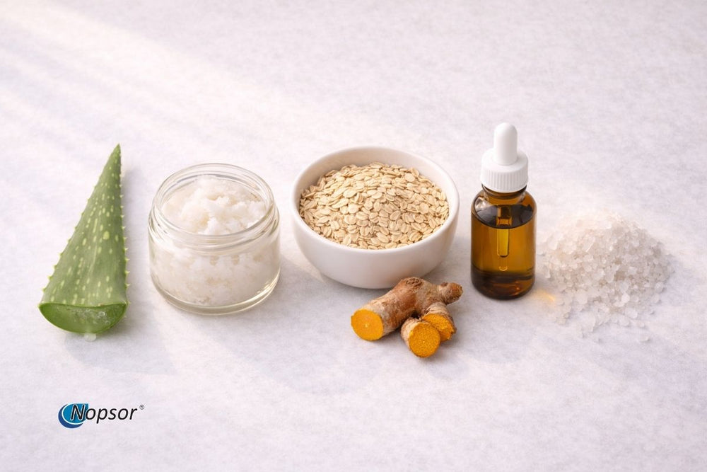 Herbal and natural products including aloe vera, glass jar, bowl of oats, turmeric, and dropper bottle on a white background.