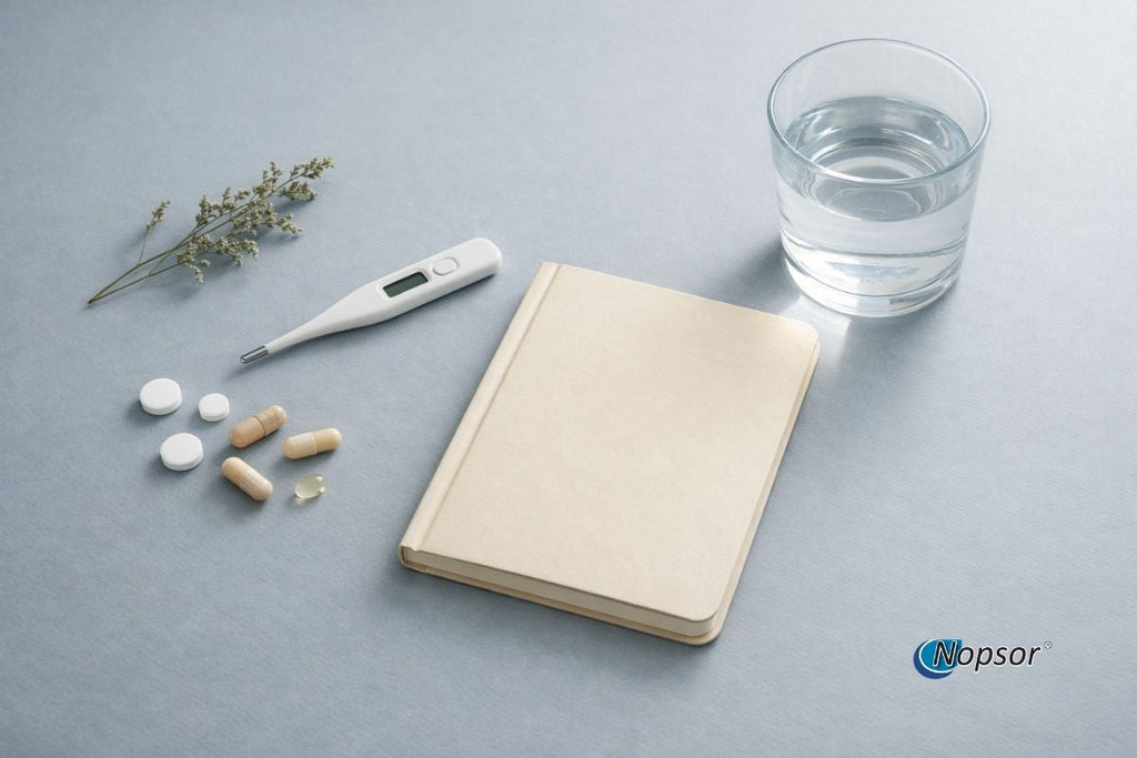 Notebook with a glass of water, digital thermometer, and pills on a gray surface.