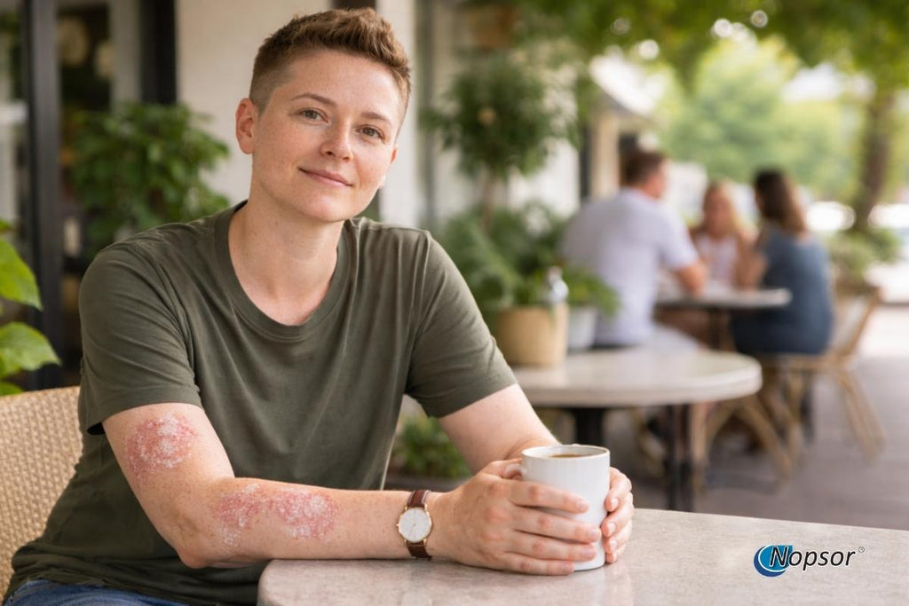 Person sitting at an outdoor cafe holding a mug with visible psoriasis on their arms.