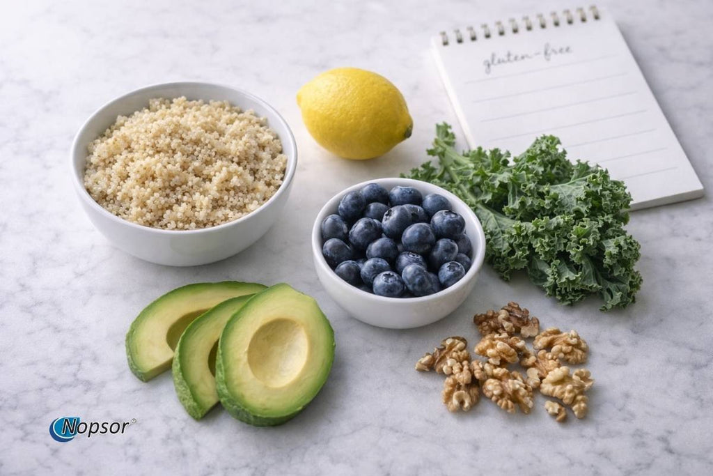 Healthy food items including quinoa, blueberries, avocado, lemon, kale, and walnuts on a marble surface with a notebook.
