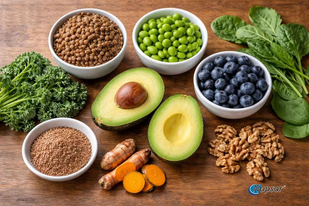 Assorted healthy foods including avocados, nuts, and vegetables on a wooden surface.