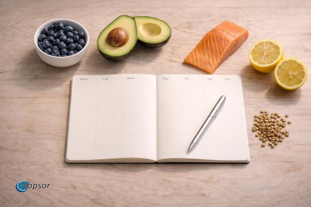 Plate of salmon, greens, and sweet potatoes with a cup of tea on a wooden surface, promoting a psoriasis elimination diet.