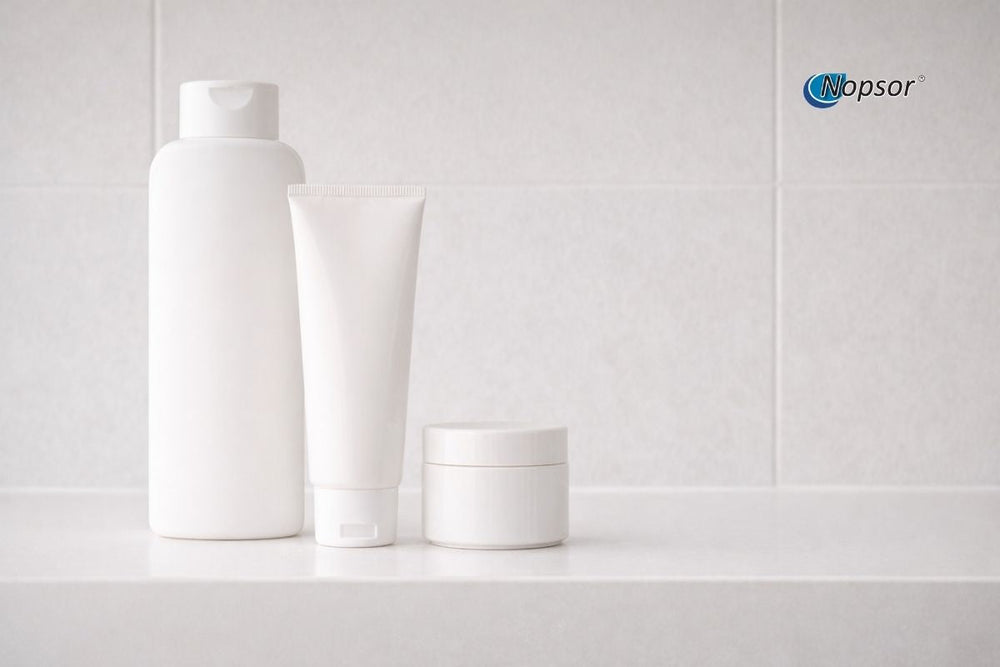 Three white cosmetic containers on a light gray background with 'Nopsor' branding.