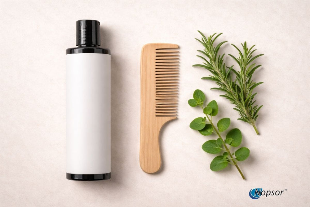 Hair care products including a bottle, comb, and green leaves on a light background