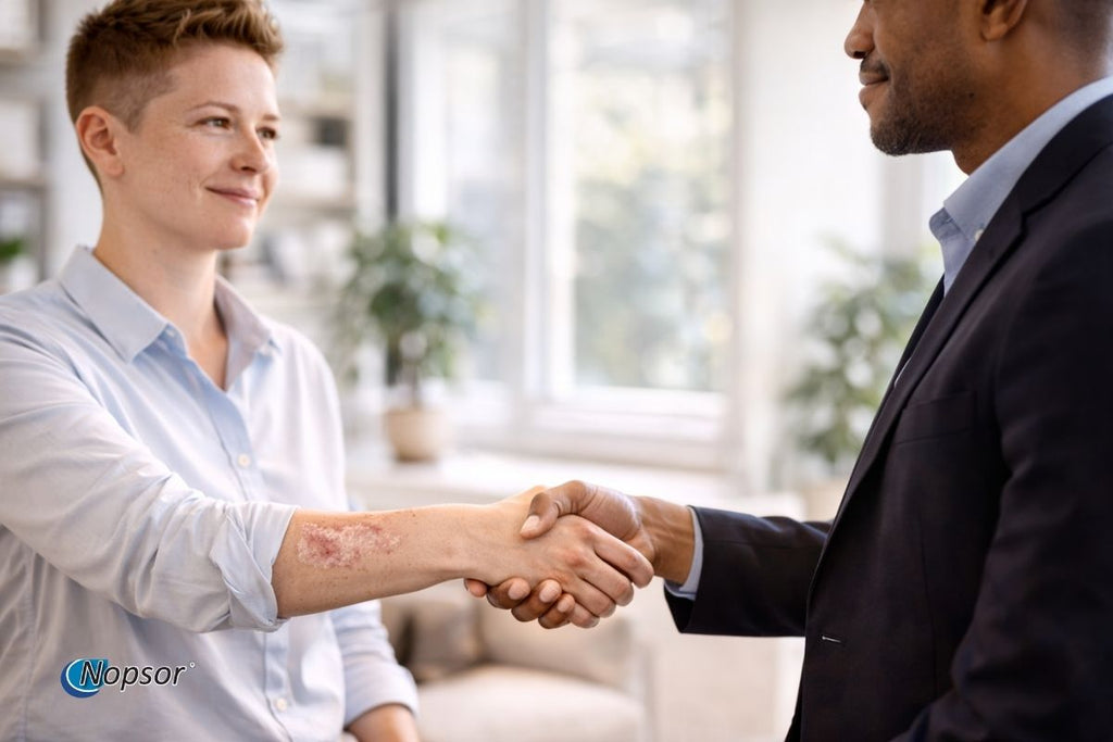Two people shaking hands in an indoor setting with blurred background