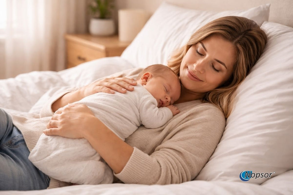 Woman holding a baby on a couch in a warm, indoor setting
