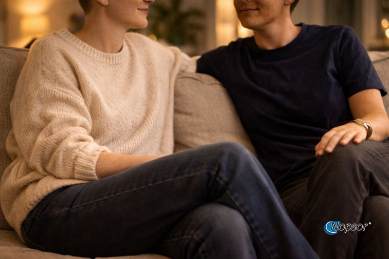 Two people sitting on a couch, one wearing a beige sweater and dark jeans, the other in a navy shirt and dark pants, with a blurred indoor background.