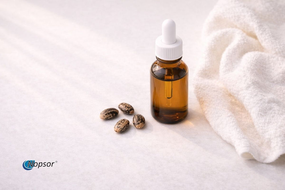 Brown glass dropper bottle with white cap on a light gray background, surrounded by dried herbs and a white towel.