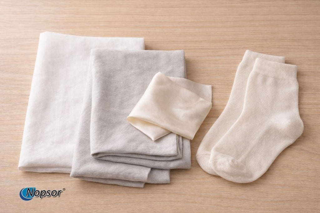 Folded white and gray clothing items on a wooden surface with Nopsor logo.