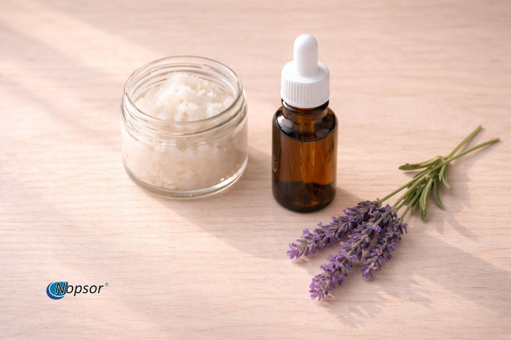A bottle of essential oil, a jar of cream, and lavender flowers on a wooden surface with Nopsor branding.