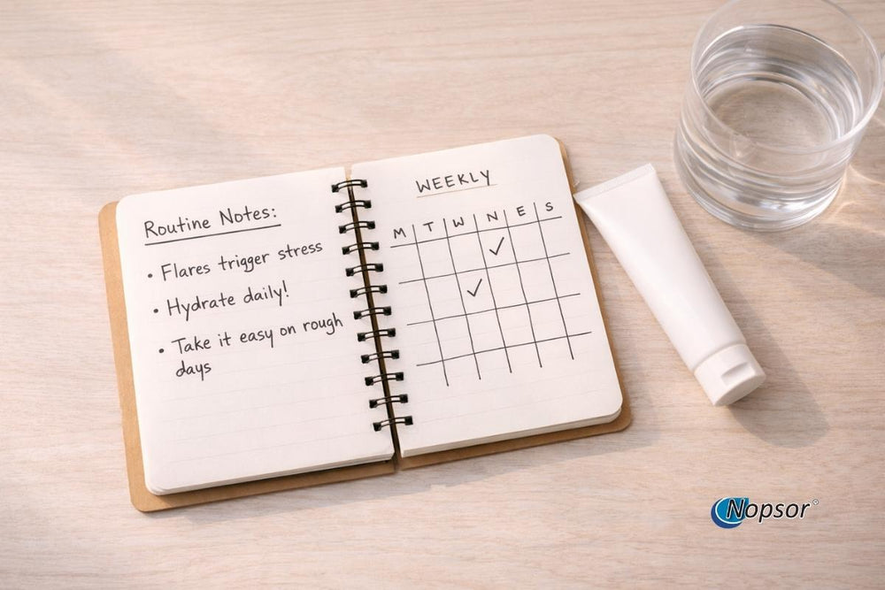 Notebook with weekly routine notes on a wooden surface, featuring a bottle and glass.