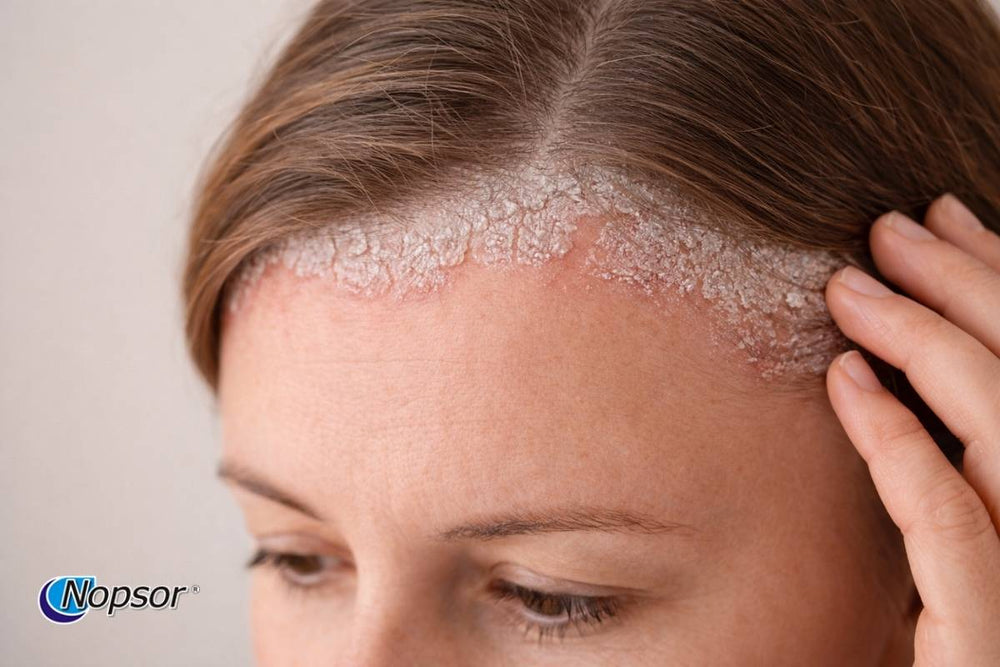 Person with scalp issues applying a treatment product, Nopsor brand visible