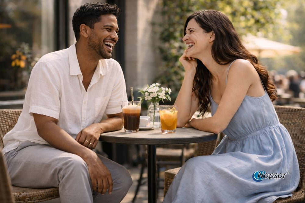 Man and woman sitting at a table outdoors, enjoying drinks and conversation.