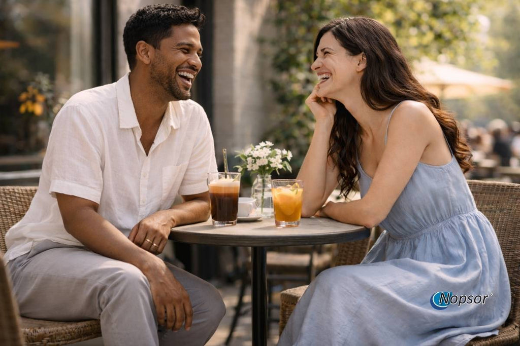 Man and woman sitting at a table outdoors, enjoying drinks and conversation.