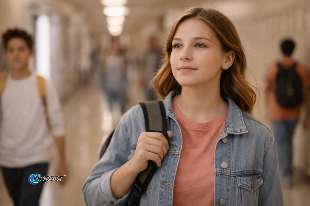 Young girl holding a backpack in a school hallway with blurred 