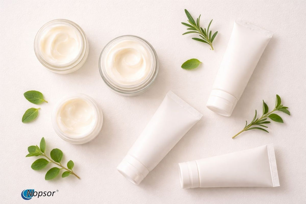 Skincare products including jars and tubes on a light background with green leaves.