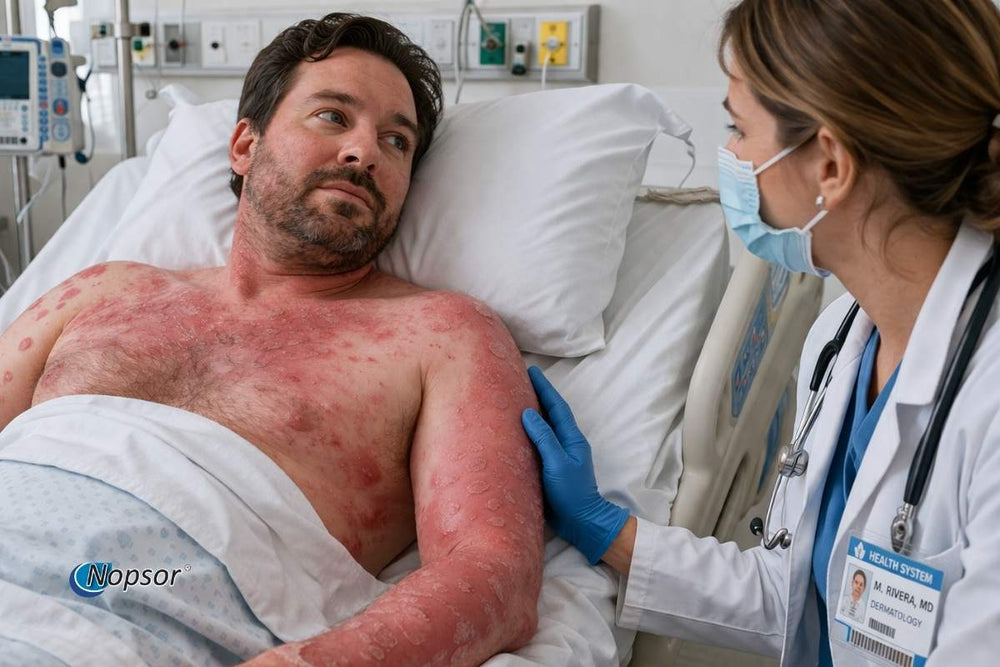 Man in a hospital bed with a doctor examining his skin condition, with Nopsor branding.