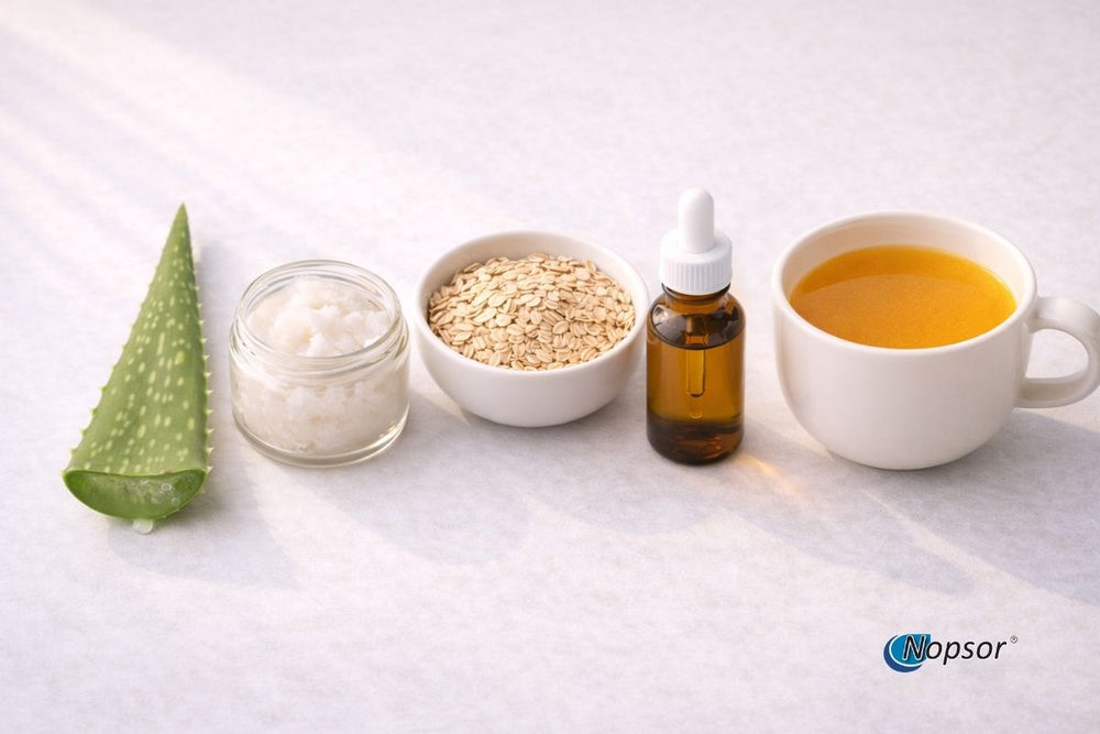 Supplement ingredients including aloe vera, oats, a bottle of oil, and a cup of tea on a white surface with Nopsor branding.