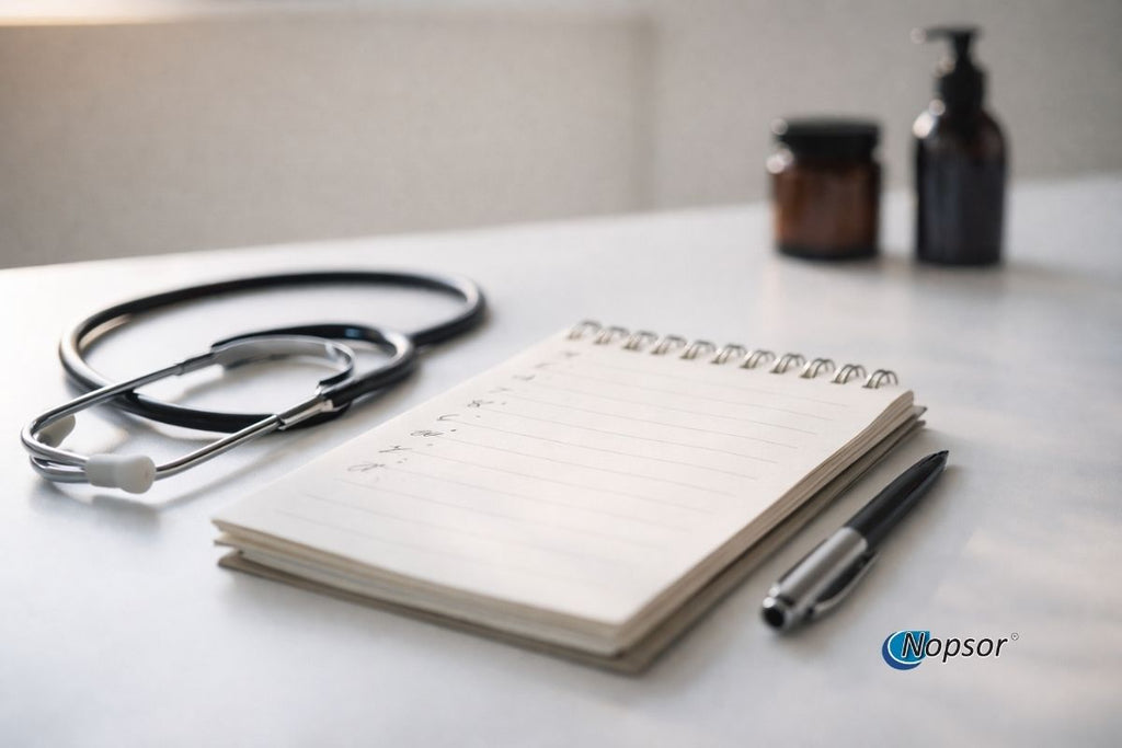 Stethoscope, notebook, pen, and bottles on a white surface with 'Nopsor' branding.