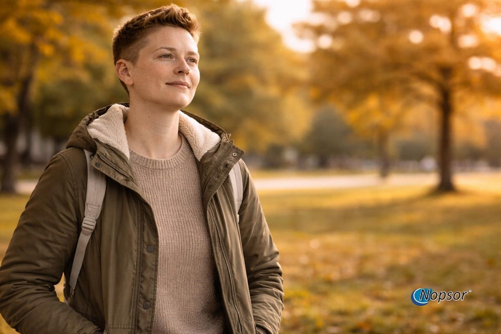 Person standing in a park with autumn foliage, wearing a green jacket and beige sweater.