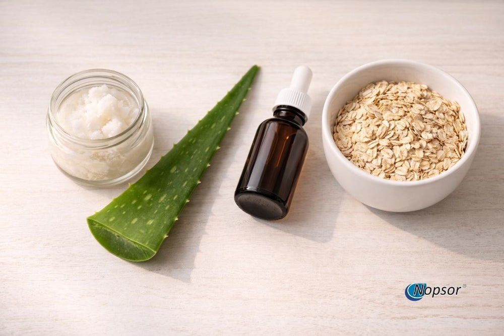 Cosmetic ingredients including aloe vera, jar of cream, bottle with dropper, and bowl of oats on a light surface.