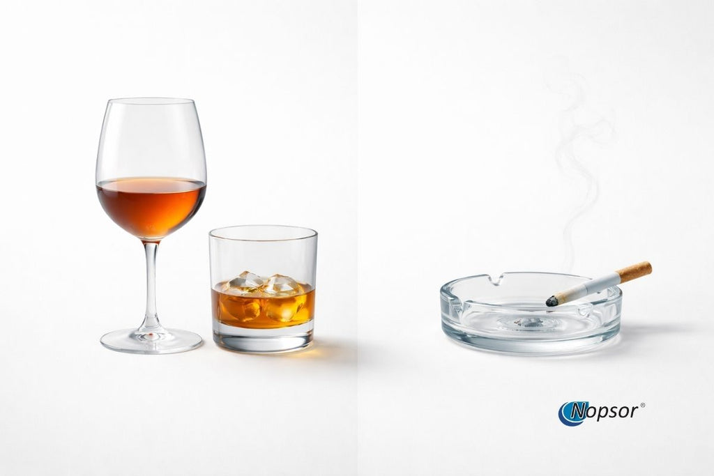 Two glasses of alcohol and an ashtray with a cigarette on a white background, featuring the Opзор brand.