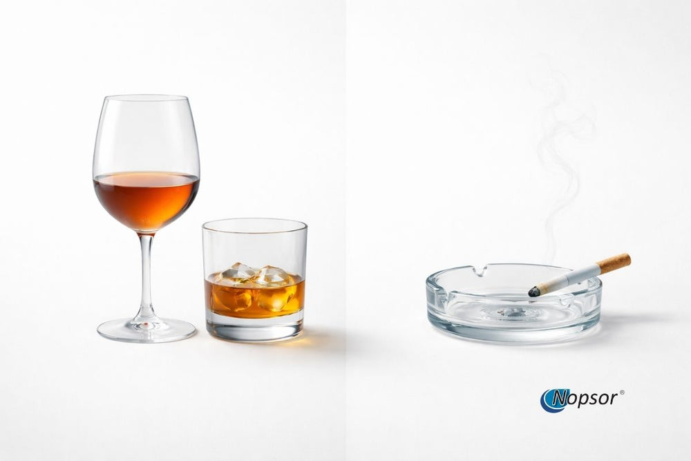 Two glasses of alcohol and an ashtray with a cigarette on a white background, featuring the Opзор brand.