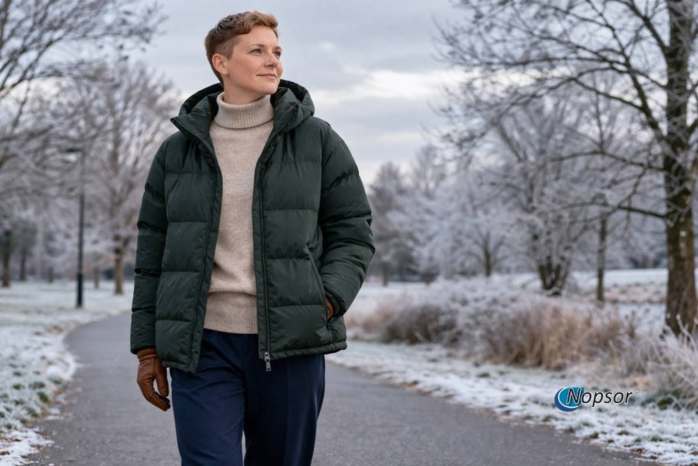 Person wearing a green puffer jacket and blue pants walking on a snowy path with trees in the background.