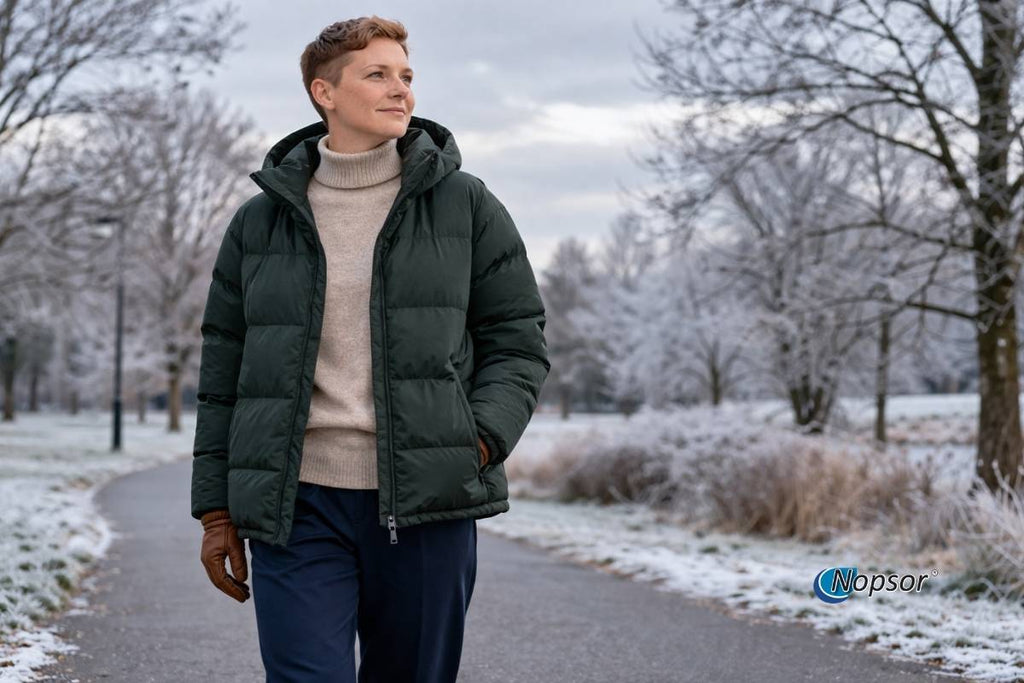 Person wearing a green puffer jacket and blue pants walking on a snowy path with trees in the background.